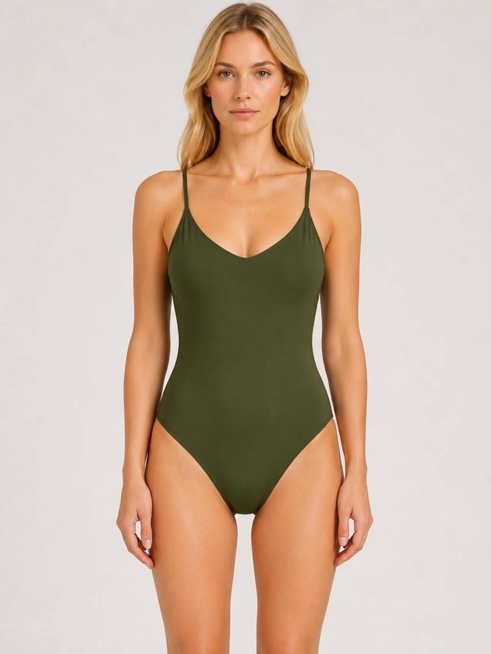 J.Crew Rounded V-Neck One-Piece Swimsuit Olive Green Thin Strap Size 8 K6163